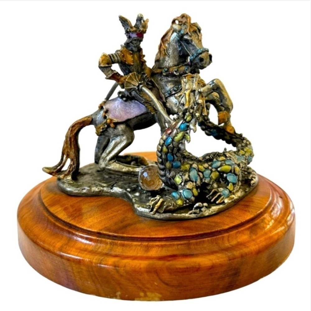 Vintage St. George Fighting the Dragon Bronze Statue Warrior Figurine Wood Base - Picture 3 of 11